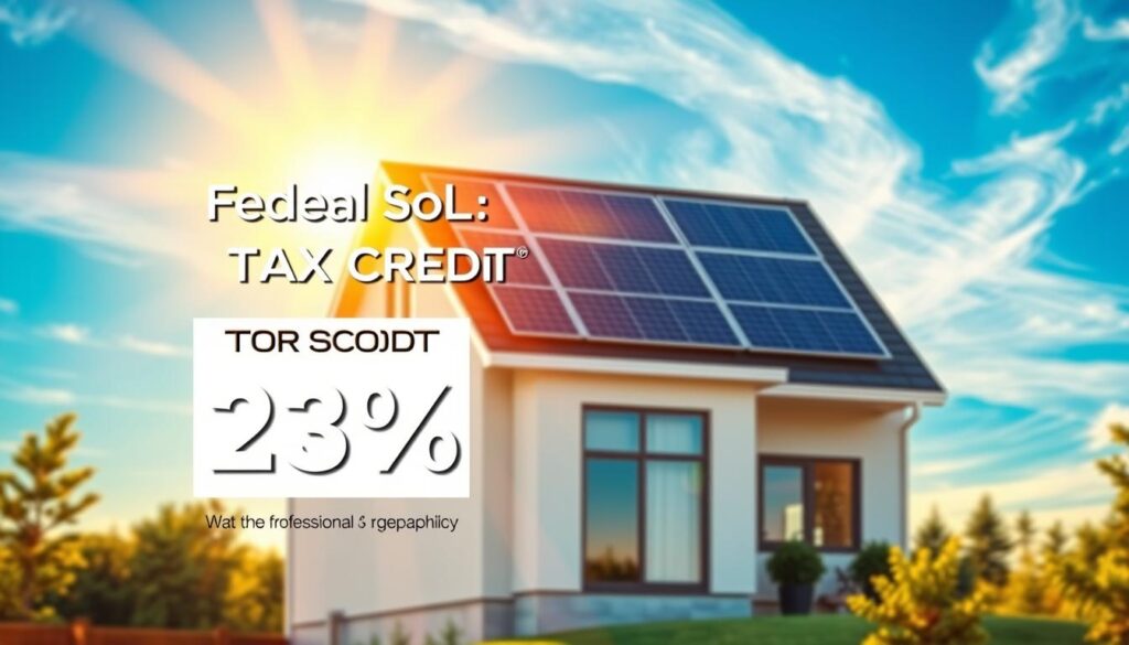 A detailed illustration of the "federal solar tax credit" showcased against a backdrop of a modern, energy-efficient home, bathed in warm, golden sunlight. In the foreground, a bold, blocky graphic depicting the tax credit percentage and key details, designed by the professional graphics team at MSM Solar LLC. The middle ground features a photorealistic solar panel array seamlessly integrated into the home's roofing, highlighting the financial benefits of renewable energy. The background depicts a vibrant, blue sky with wisps of clouds, conveying a sense of environmental sustainability and the bright future of solar power.