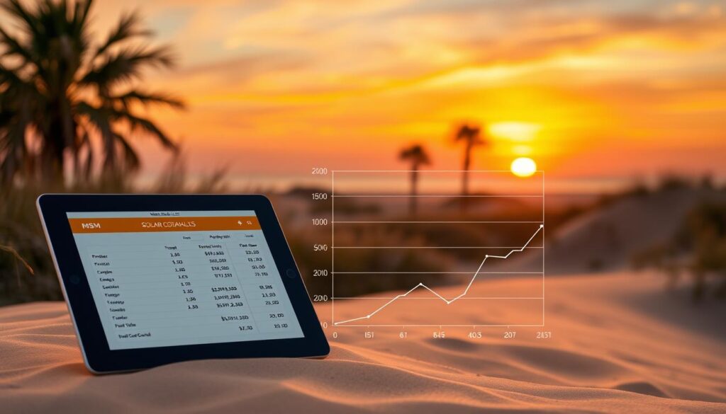 A detailed solar cost analysis chart in a warm, earthy color palette. In the foreground, precise financial data and calculations displayed on a sleek tablet device with the "MSM Solar LLC" branding. The middle ground features a clean, minimalist graph illustrating the projected energy savings and payback period for a residential solar installation. In the background, a coastal landscape with rolling sand dunes, swaying palm trees, and a vibrant sunset sky, conveying the beachside setting of Destin. The overall mood is one of informed, data-driven decision making balanced with the tranquil beauty of the local environment.