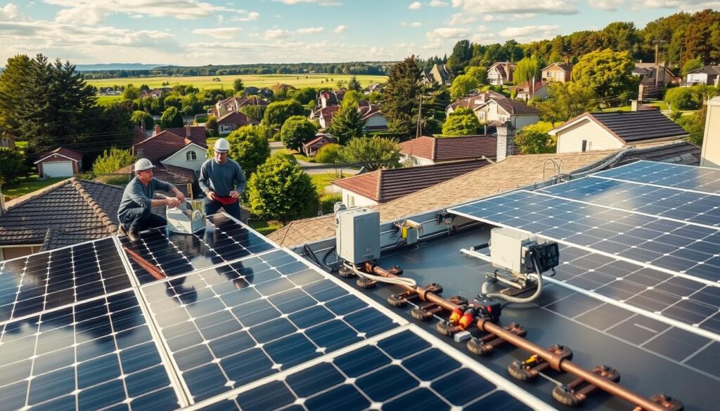 A detailed solar installation process, showcasing the expertise of MSM Solar LLC. In the foreground, a team of skilled technicians carefully installing solar panels onto a residential rooftop, their movements precise and efficient. In the middle ground, the solar inverter and electrical components are neatly arranged, reflecting the meticulous attention to detail. The background features a picturesque suburban landscape, with lush greenery and a clear blue sky, highlighting the environmentally-friendly nature of the solar installation. Soft, warm lighting illuminates the scene, conveying a sense of progress and clean energy. The overall composition captures the seamless integration of solar technology into the built environment.