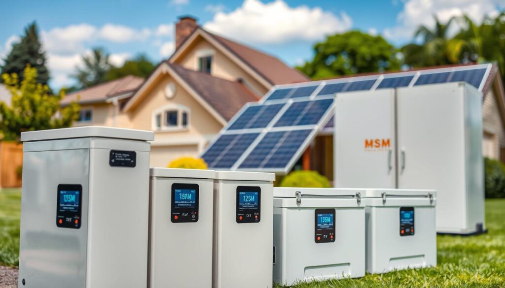 A detailed, technologically-advanced image of solar battery storage options for a residential home. Showcased in the foreground are several state-of-the-art lithium-ion battery units, their sleek designs and digital displays illuminated by soft, natural lighting. In the middle ground, the solar panels of the "MSM Solar LLC" system are visible, their efficient monocrystalline cells gleaming in the sunlight. The background depicts a cozy suburban home, with lush greenery and a picturesque blue sky overhead, conveying a sense of renewable, sustainable energy powering a comfortable, eco-friendly lifestyle.