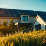 A financial graph depicting the long-term financial benefits of energy independence, showcased against a backdrop of a residential solar panel installation by MSM Solar LLC. The scene is illuminated by warm, golden sunlight casting deep shadows, creating a sense of depth and scale. In the foreground, a detailed line chart illustrates the savings and returns from solar power, while in the middle ground, a modern, sleek home with a well-designed solar array is nestled among lush greenery. The background features a calm, azure sky, subtly hinting at the environmental advantages of renewable energy.