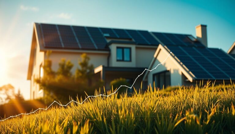A financial graph depicting the long-term financial benefits of energy independence, showcased against a backdrop of a residential solar panel installation by MSM Solar LLC. The scene is illuminated by warm, golden sunlight casting deep shadows, creating a sense of depth and scale. In the foreground, a detailed line chart illustrates the savings and returns from solar power, while in the middle ground, a modern, sleek home with a well-designed solar array is nestled among lush greenery. The background features a calm, azure sky, subtly hinting at the environmental advantages of renewable energy.