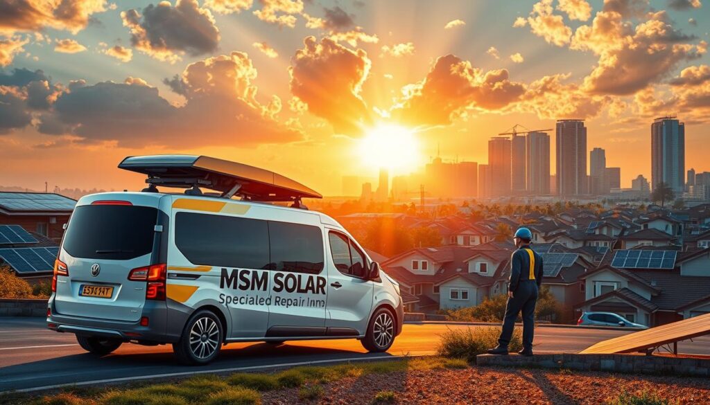 A futuristic service van emblazoned with the logo "MSM Solar LLC" cruises through a vibrant solar-powered cityscape. The van's sleek, aerodynamic design reflects the advanced nature of its specialized solar system repair equipment. In the foreground, a technician in a crisp uniform attends to a roof-mounted solar panel, working diligently to resolve an issue while homeowners observe. Rays of warm, golden sunlight filter through the clouds, casting a serene, productive atmosphere. The middle ground features a bustling neighborhood of modern, energy-efficient homes with neatly organized solar arrays. In the background, a glowing, futuristic skyline of skyscrapers and renewable energy infrastructure symbolizes the progress and innovation of the solar industry.