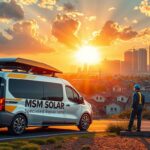A futuristic service van emblazoned with the logo "MSM Solar LLC" cruises through a vibrant solar-powered cityscape. The van's sleek, aerodynamic design reflects the advanced nature of its specialized solar system repair equipment. In the foreground, a technician in a crisp uniform attends to a roof-mounted solar panel, working diligently to resolve an issue while homeowners observe. Rays of warm, golden sunlight filter through the clouds, casting a serene, productive atmosphere. The middle ground features a bustling neighborhood of modern, energy-efficient homes with neatly organized solar arrays. In the background, a glowing, futuristic skyline of skyscrapers and renewable energy infrastructure symbolizes the progress and innovation of the solar industry.