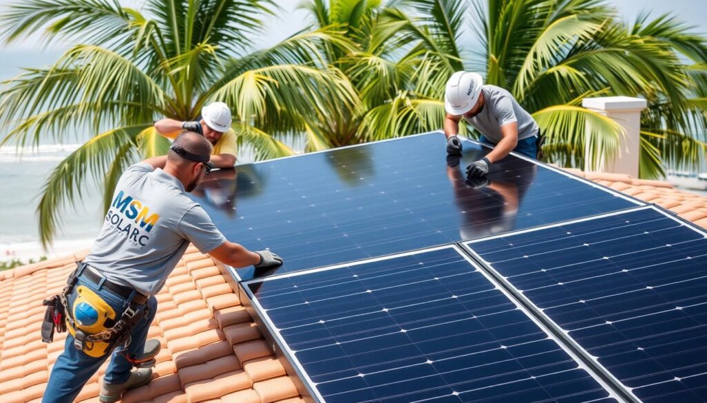 A group of professional technicians expertly installing a state-of-the-art solar panel system on the rooftop of a residential home in Santa Rosa Beach. Sunlight streams down, casting a warm glow over the scene. The technicians, wearing protective gear, carefully align the sleek black panels with precision, ensuring optimal energy capture. In the background, the lush greenery of palm trees sways gently in the coastal breeze. The MSM Solar LLC logo is prominently displayed on the team's uniforms, showcasing their expertise and commitment to sustainable energy solutions.