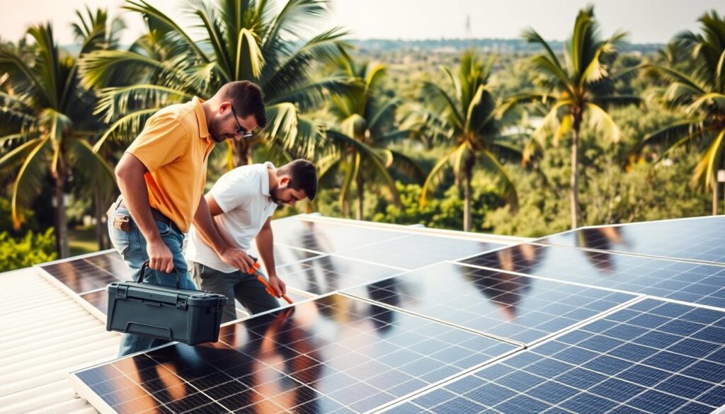A group of solar installation experts from MSM Solar LLC are diligently working on a residential solar panel system in Santa Rosa Beach. The foreground features the technicians inspecting the solar panels, toolbox in hand, their faces focused and determined. The middle ground showcases the sleek, modern solar panels installed on the roof, casting warm shadows across the scene. In the background, a lush, verdant landscape with swaying palm trees creates a serene, subtropical atmosphere. Soft, diffused natural lighting bathes the entire composition, highlighting the professionals' expertise and the efficient, eco-friendly solar technology they employ.