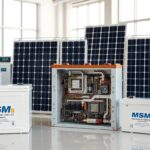 A high-quality image of various solar battery options displayed in a clean, well-lit showroom. In the foreground, an array of advanced lithium-ion batteries in sleek, modern enclosures, their labels prominently featuring the "MSM Solar LLC" brand. In the middle ground, a cutaway display reveals the internal components and circuitry, showcasing the technology. The background features large windows, allowing natural light to flood the space and highlight the batteries' polished surfaces. The overall scene conveys a sense of innovation, sustainability, and the reliable energy storage solutions offered by MSM Solar LLC.