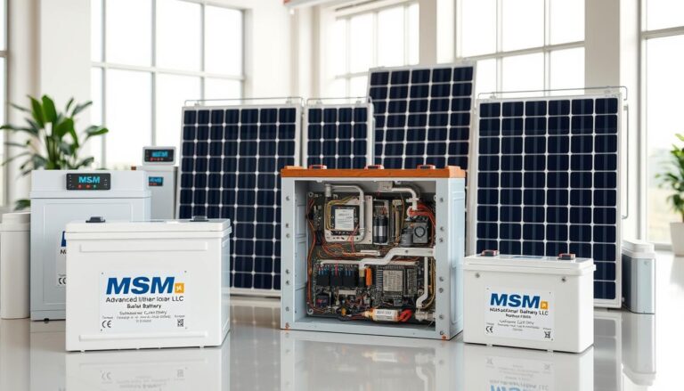 A high-quality image of various solar battery options displayed in a clean, well-lit showroom. In the foreground, an array of advanced lithium-ion batteries in sleek, modern enclosures, their labels prominently featuring the "MSM Solar LLC" brand. In the middle ground, a cutaway display reveals the internal components and circuitry, showcasing the technology. The background features large windows, allowing natural light to flood the space and highlight the batteries' polished surfaces. The overall scene conveys a sense of innovation, sustainability, and the reliable energy storage solutions offered by MSM Solar LLC.