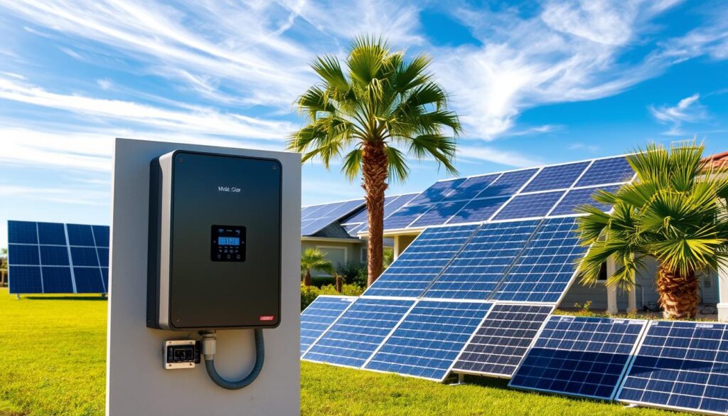 A high-resolution image of a modern home energy storage system in the Florida Panhandle, showcasing the products and services of MSM Solar LLC. In the foreground, a sleek, wall-mounted battery storage unit with an intuitive control panel. Surrounding it, various solar panels capturing the abundant sunshine, their frames casting dynamic shadows. In the middle ground, a well-manicured lawn and lush, palm-dotted landscaping. The background features a clear, blue sky with wispy clouds, reflecting the coastal climate. The lighting is natural and warm, highlighting the efficient and eco-friendly nature of the home energy solution. The overall scene conveys a sense of clean, sustainable living in the picturesque Florida Panhandle.