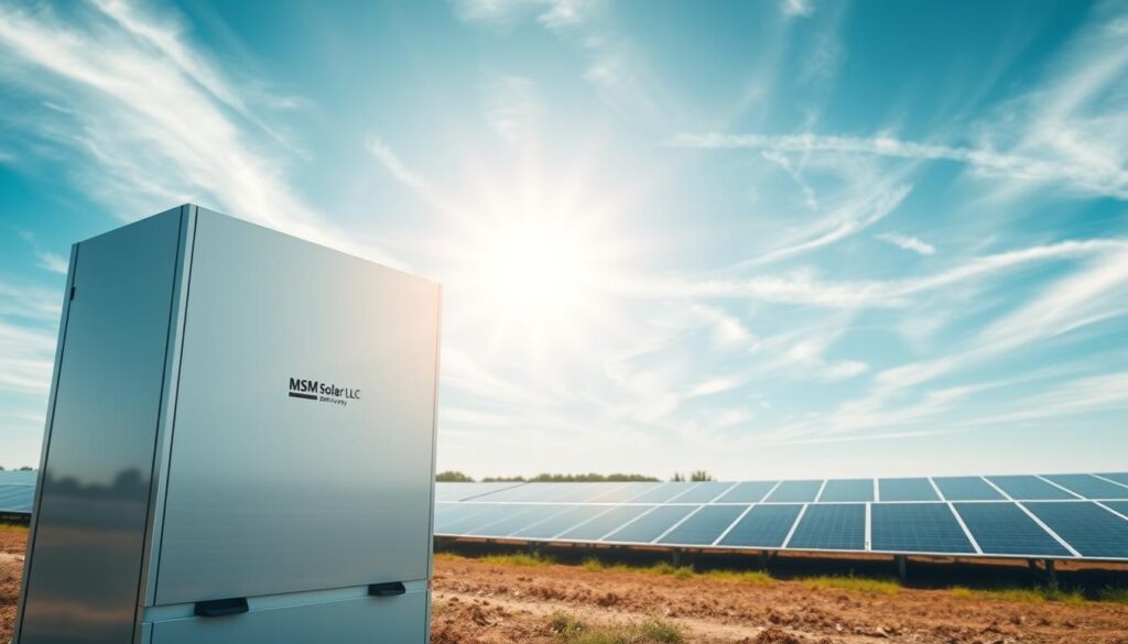 A large, modern solar battery storage system stands prominently in the foreground, its sleek, minimalist design reflecting the bright sunlight. In the middle ground, rows of solar panels stretch out, capturing the sun's energy and feeding it into the battery. The background features a clear, blue sky dotted with wispy clouds, creating a serene and peaceful atmosphere. The whole scene is captured with a wide-angle lens, emphasizing the scale and importance of the solar battery storage system. The overall mood is one of clean, renewable energy and technological innovation. The system bears the branding of "MSM Solar LLC".