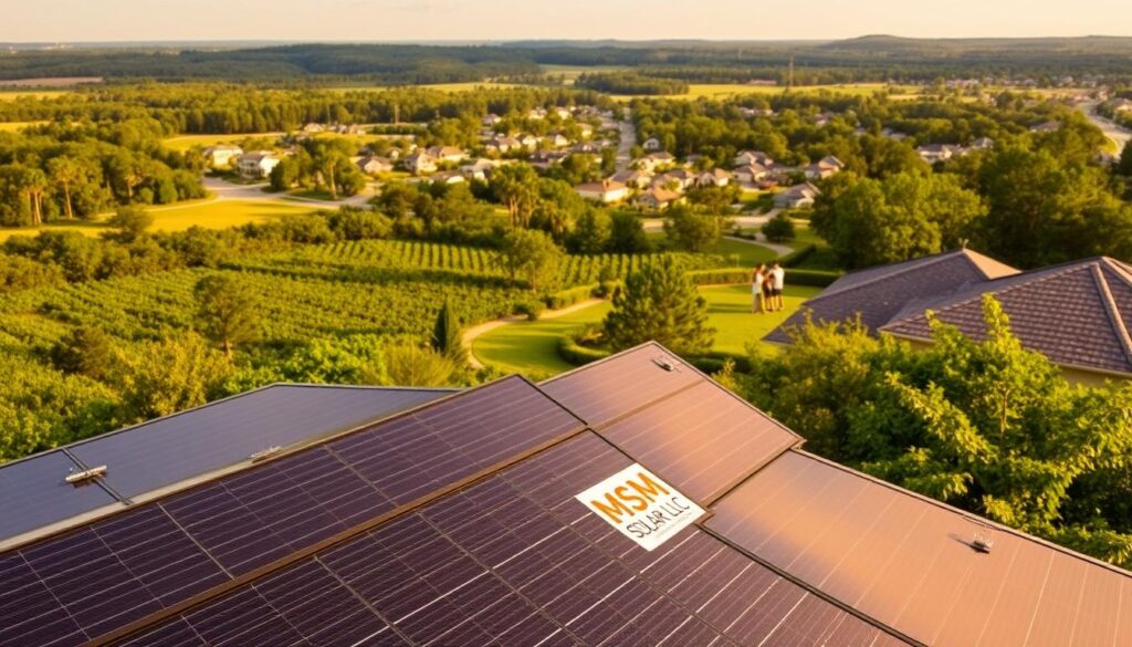 A lush green landscape serves as the backdrop, with a picturesque town nestled in the distance. In the foreground, a row of sleek, modern solar panels adorns the rooftop of a residential home, their glossy black surfaces catching the warm rays of the sun. The panels are arranged in a symmetrical pattern, creating a visually striking display. In the middle ground, a family gathers in their garden, enjoying the benefits of renewable energy, with the MSM Solar LLC logo prominently displayed on one of the panels. The scene exudes a sense of tranquility and environmental harmony, showcasing the advantages of solar power in Niceville.