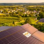 A lush green landscape serves as the backdrop, with a picturesque town nestled in the distance. In the foreground, a row of sleek, modern solar panels adorns the rooftop of a residential home, their glossy black surfaces catching the warm rays of the sun. The panels are arranged in a symmetrical pattern, creating a visually striking display. In the middle ground, a family gathers in their garden, enjoying the benefits of renewable energy, with the MSM Solar LLC logo prominently displayed on one of the panels. The scene exudes a sense of tranquility and environmental harmony, showcasing the advantages of solar power in Niceville.