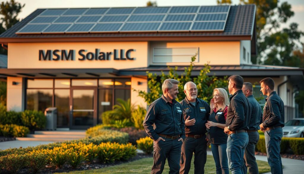 A modern and professional office building with the sign "MSM Solar LLC" prominently displayed. The structure is surrounded by lush green landscaping, with solar panels installed on the roof, conveying the company's expertise in solar energy solutions. In the foreground, a team of technicians in uniform are engaged in a consultation with a satisfied homeowner, showcasing the personalized service and attention to detail that MSM Solar LLC provides. The scene is illuminated by warm, natural lighting, creating a welcoming and trustworthy atmosphere. The overall composition highlights the company's local presence, technical capabilities, and commitment to delivering high-quality solar services to the community.