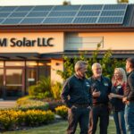 A modern and professional office building with the sign "MSM Solar LLC" prominently displayed. The structure is surrounded by lush green landscaping, with solar panels installed on the roof, conveying the company's expertise in solar energy solutions. In the foreground, a team of technicians in uniform are engaged in a consultation with a satisfied homeowner, showcasing the personalized service and attention to detail that MSM Solar LLC provides. The scene is illuminated by warm, natural lighting, creating a welcoming and trustworthy atmosphere. The overall composition highlights the company's local presence, technical capabilities, and commitment to delivering high-quality solar services to the community.