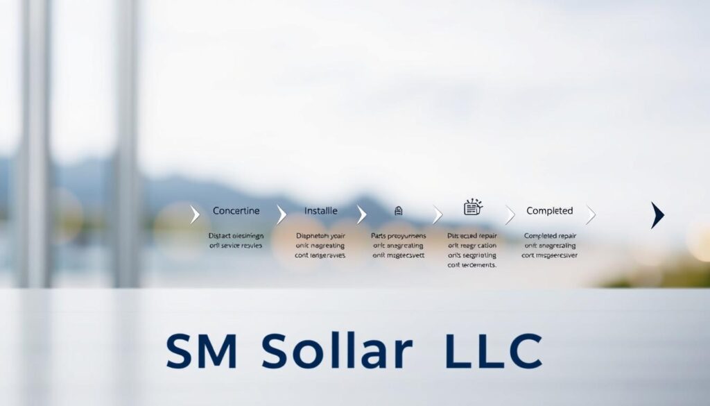 A neatly organized timeline displaying the various stages of a service response, including initial contact, dispatching a technician, diagnosis, parts procurement, and completed repair. The scene is well-lit, with a clean, minimalist aesthetic showcasing the process in a clear and visually appealing manner. The foreground features the MSM Solar LLC logo, subtly integrated into the design. The middle ground depicts the step-by-step progress, while the background provides a serene, slightly blurred context, allowing the timeline to take center stage. The overall mood is professional, efficient, and reassuring, reflecting the high-quality service expected from MSM Solar LLC.
