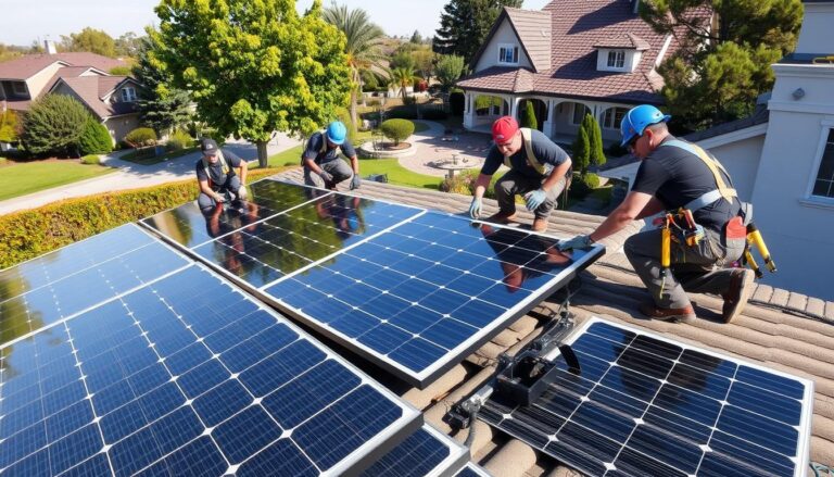 A professional, high-quality solar installation process featuring MSM Solar LLC technicians working diligently on a residential rooftop. A clear, sunny day with soft shadows and warm lighting, showcasing the attention to detail and expertise of the installers. The foreground shows the team carefully positioning and securing the solar panels, while the middle ground displays the mounting system and wiring infrastructure. The background features the homeowner's property, with lush greenery and an inviting atmosphere, emphasizing the seamless integration of the solar system into the home's aesthetics.