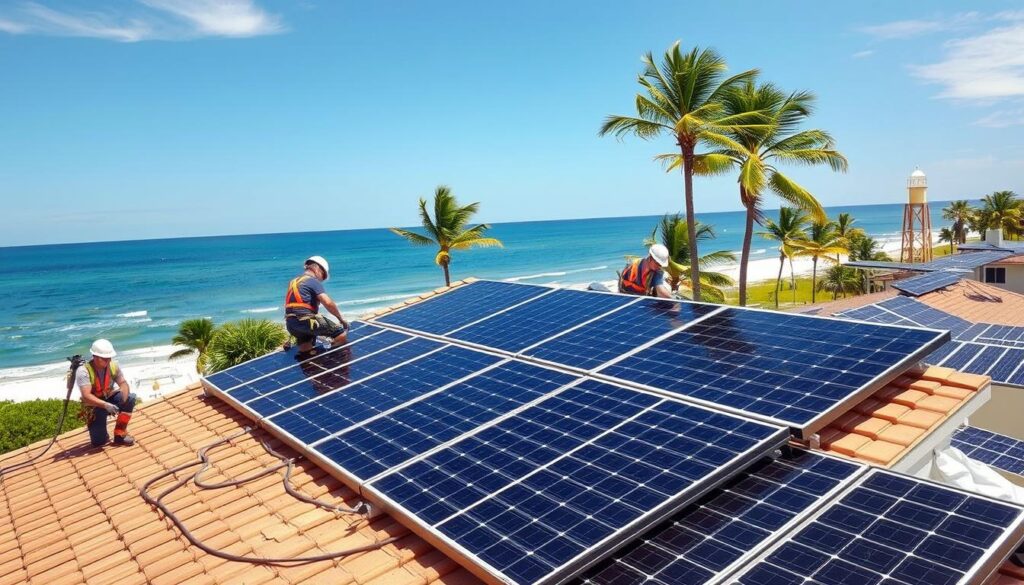 A professional solar installation at Santa Rosa Beach, Florida, set against a backdrop of clear skies and the sparkling Gulf of Mexico. In the foreground, MSM Solar LLC technicians meticulously install high-efficiency photovoltaic panels on a residential rooftop, using specialized equipment and safety gear. The middle ground showcases the sleek, modern design of the solar array, seamlessly integrated with the home's architecture. In the distance, palm trees sway gently, and the horizon is dotted with other well-maintained solar installations, demonstrating the reliability and resilience of this renewable energy solution in the face of coastal storms. Warm, natural lighting casts a soft glow over the scene, capturing the expertise and professionalism of the MSM Solar LLC team.
