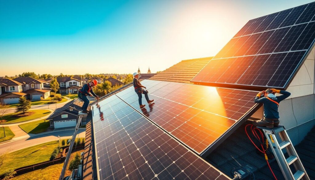 A professional solar installation crew from MSM Solar LLC expertly installing rooftop solar panels on a modern residential home. In the foreground, workers carefully position and secure the sleek black panels, their precision and expertise evident in their measured movements. The middle ground features specialized tools and equipment, including ladders, harnesses, and power tools, all meticulously organized. The background showcases a sun-drenched suburban neighborhood, with lush greenery and well-manicured lawns, reflecting the clean, renewable energy the installation will provide. Warm, golden sunlight illuminates the scene, evoking a sense of efficiency, sustainability, and the bright future of renewable energy.
