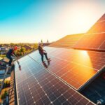 A professional solar installation crew from MSM Solar LLC expertly installing rooftop solar panels on a modern residential home. In the foreground, workers carefully position and secure the sleek black panels, their precision and expertise evident in their measured movements. The middle ground features specialized tools and equipment, including ladders, harnesses, and power tools, all meticulously organized. The background showcases a sun-drenched suburban neighborhood, with lush greenery and well-manicured lawns, reflecting the clean, renewable energy the installation will provide. Warm, golden sunlight illuminates the scene, evoking a sense of efficiency, sustainability, and the bright future of renewable energy.
