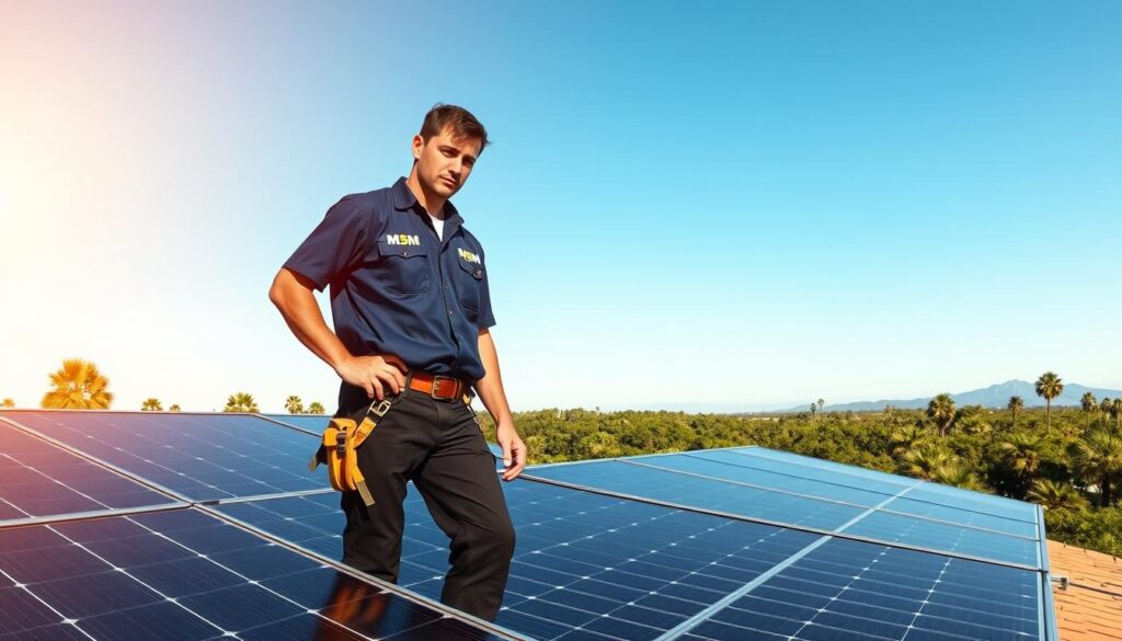 A professional solar installer in the Florida Panhandle, standing confidently on a rooftop, surrounded by a pristine, azure sky. The warm, golden light bathes the scene, casting subtle shadows that accentuate the sleek, modern solar panels. In the foreground, the installer, clad in a crisp, navy blue uniform bearing the logo of "MSM Solar LLC", carefully inspects the system, ensuring optimal performance. In the middle ground, the lush, verdant landscape of the Panhandle stretches out, dotted with towering pines and swaying palms. The background is dominated by the striking silhouette of the Apalachicola National Forest, a testament to the region's natural beauty. The overall mood is one of professionalism, expertise, and a commitment to sustainable energy solutions.