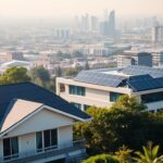 A residential and commercial solar energy solutions scene featuring the MSM Solar LLC brand. In the foreground, an elegant single-family home with sleek solar panels covering the rooftop, casting a warm glow. In the middle ground, a modern commercial building with a large solar array on the roof, surrounded by lush greenery. In the background, a cityscape with skyscrapers and infrastructure, all powered by renewable solar energy. The lighting is natural and diffuse, creating a serene, environmentally-conscious atmosphere. The camera angle is slightly elevated, providing a comprehensive view of the diverse solar energy applications.