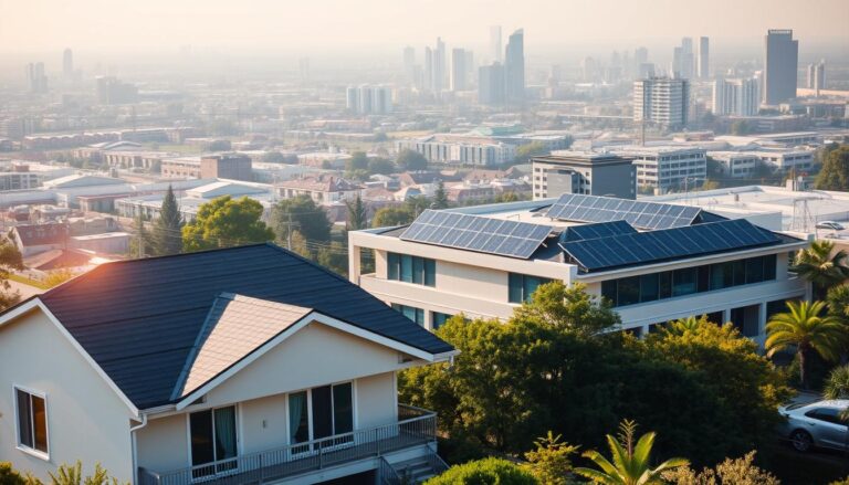 A residential and commercial solar energy solutions scene featuring the MSM Solar LLC brand. In the foreground, an elegant single-family home with sleek solar panels covering the rooftop, casting a warm glow. In the middle ground, a modern commercial building with a large solar array on the roof, surrounded by lush greenery. In the background, a cityscape with skyscrapers and infrastructure, all powered by renewable solar energy. The lighting is natural and diffuse, creating a serene, environmentally-conscious atmosphere. The camera angle is slightly elevated, providing a comprehensive view of the diverse solar energy applications.