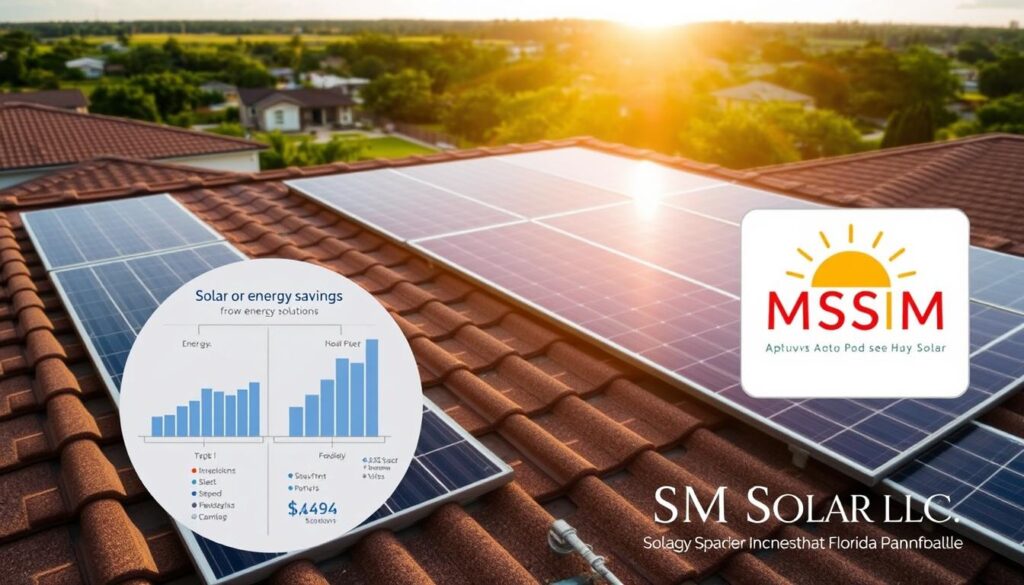 A rooftop adorned with solar panels, the sunlight casting a warm glow across the tiles. In the foreground, a detailed diagram showcases the energy savings, with charts and graphs illustrating the financial benefits of solar power. The background features a serene suburban landscape, with lush greenery and the distant skyline. Subtle branding for "MSM Solar LLC" is tastefully incorporated, highlighting their expertise in solar energy solutions. The overall composition conveys a sense of sustainability, efficiency, and the tangible advantages of embracing solar technology in the Florida Panhandle.