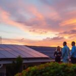 A serene Florida landscape with a residential home in the foreground, its rooftop adorned with sleek solar panels. In the middle ground, a team from MSM Solar LLC consults with a homeowner, discussing various solar financing options. The background features a vibrant sunset, casting a warm glow over the scene. The image conveys a sense of environmental responsibility and the accessibility of solar power solutions for Florida residents, complementing the article's focus on choosing the right solar installer and financing strategies.