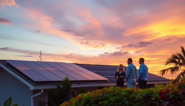 A serene Florida landscape with a residential home in the foreground, its rooftop adorned with sleek solar panels. In the middle ground, a team from MSM Solar LLC consults with a homeowner, discussing various solar financing options. The background features a vibrant sunset, casting a warm glow over the scene. The image conveys a sense of environmental responsibility and the accessibility of solar power solutions for Florida residents, complementing the article's focus on choosing the right solar installer and financing strategies.