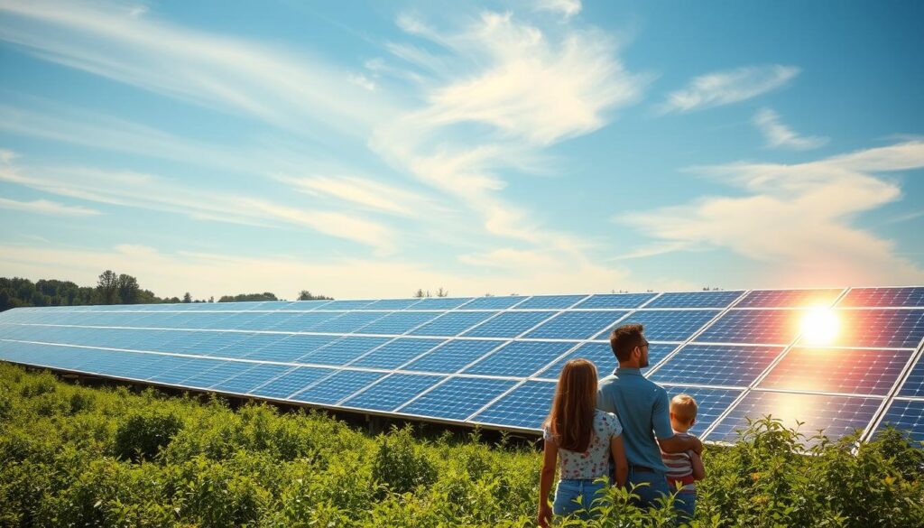 A serene solar field nestled in a lush, verdant landscape, with MSM Solar LLC's state-of-the-art panels capturing the sun's energy. In the foreground, a family gazes in awe at the shimmering panels, their faces illuminated by the warm, golden light. The middle ground showcases the efficient, modern design of the solar array, seamlessly integrated into the environment. In the background, a clear blue sky with wispy clouds sets the stage for this sustainable energy solution, conveying a sense of harmony between nature and technology.