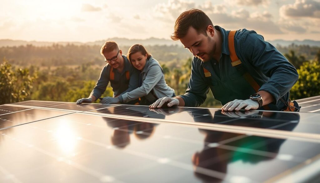 A serene, sun-dappled scene showcasing the expertise of MSM Solar LLC in Bonifay, Florida. In the foreground, a team of skilled technicians meticulously inspect and maintain a residential solar array, their expressions focused and their movements precise. The middle ground features a sleek, modern solar panel system, its glossy surface reflecting the bright, warm rays of the sun. In the background, a picturesque landscape unfolds, with lush, verdant foliage and a hazy, cloud-dotted sky, capturing the unique climate of Bonifay. The overall composition conveys a sense of professionalism, innovation, and a deep commitment to harnessing the power of the sun, even in the region's occasionally overcast winters.