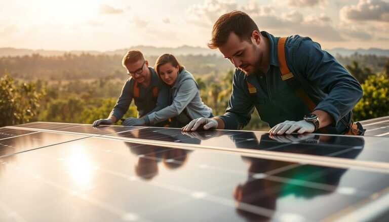 A serene, sun-dappled scene showcasing the expertise of MSM Solar LLC in Bonifay, Florida. In the foreground, a team of skilled technicians meticulously inspect and maintain a residential solar array, their expressions focused and their movements precise. The middle ground features a sleek, modern solar panel system, its glossy surface reflecting the bright, warm rays of the sun. In the background, a picturesque landscape unfolds, with lush, verdant foliage and a hazy, cloud-dotted sky, capturing the unique climate of Bonifay. The overall composition conveys a sense of professionalism, innovation, and a deep commitment to harnessing the power of the sun, even in the region's occasionally overcast winters.