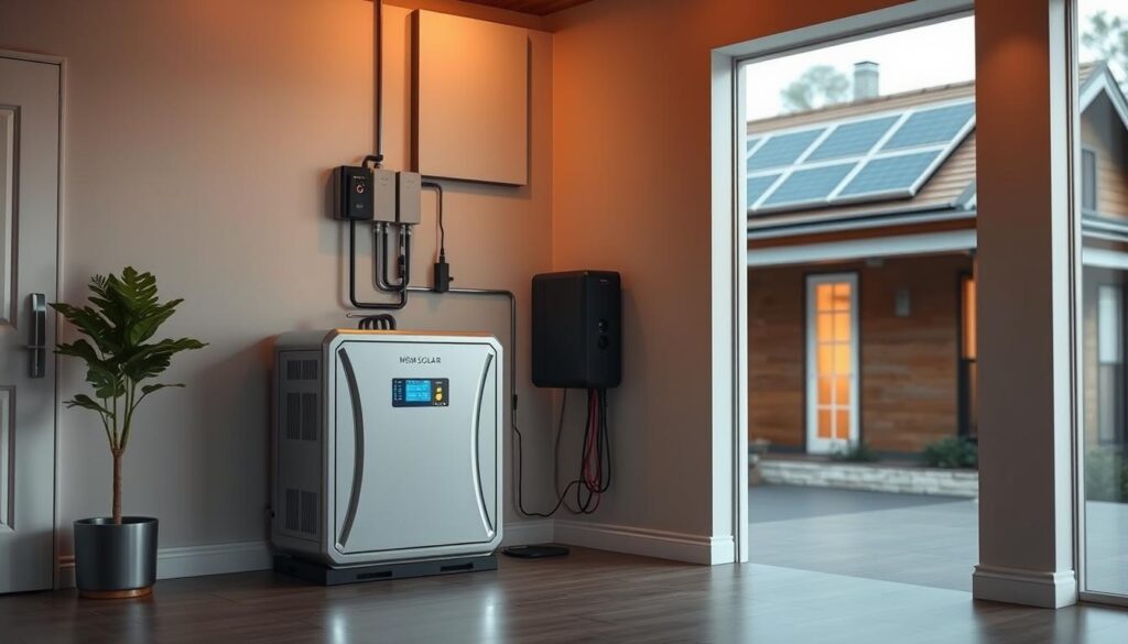 A sleek, modern home energy storage system by MSM Solar LLC, seamlessly integrated into the architecture. A large battery pack nestled in the corner, connected to the home's electrical grid and solar panels on the roof, casting a warm glow. Futuristic and practical, the system stands ready to power the home, providing a reliable and eco-friendly energy solution. Intricate details like sleek metal casings, LED indicators, and a touchscreen interface showcase the advanced technology. The room is bathed in soft, diffused lighting, creating a calm, inviting atmosphere. The overall scene conveys a sense of sustainability, technological innovation, and the harmonious integration of renewable energy into the domestic space.