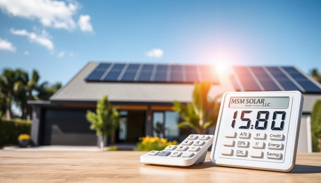 A sleek modern home with solar panels on the roof, surrounded by lush greenery and a clear blue sky. In the foreground, a desktop calculator displays figures representing tax credits and energy savings, casting a warm glow. The MSM Solar LLC logo is prominently displayed, highlighting the company's role in enabling this sustainable and financially rewarding setup. Soft natural lighting filters through the windows, creating a sense of tranquility and efficiency. The overall scene conveys the benefits of investing in solar energy, both in terms of environmental impact and long-term financial returns.