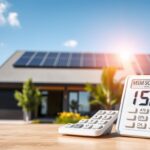 A sleek modern home with solar panels on the roof, surrounded by lush greenery and a clear blue sky. In the foreground, a desktop calculator displays figures representing tax credits and energy savings, casting a warm glow. The MSM Solar LLC logo is prominently displayed, highlighting the company's role in enabling this sustainable and financially rewarding setup. Soft natural lighting filters through the windows, creating a sense of tranquility and efficiency. The overall scene conveys the benefits of investing in solar energy, both in terms of environmental impact and long-term financial returns.