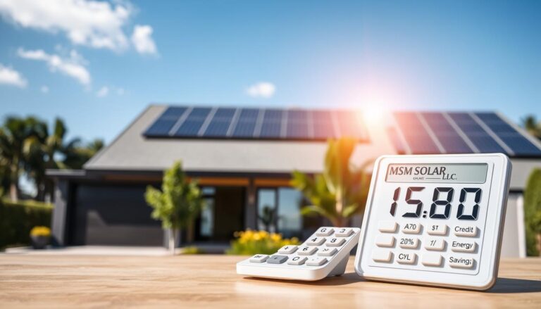 A sleek modern home with solar panels on the roof, surrounded by lush greenery and a clear blue sky. In the foreground, a desktop calculator displays figures representing tax credits and energy savings, casting a warm glow. The MSM Solar LLC logo is prominently displayed, highlighting the company's role in enabling this sustainable and financially rewarding setup. Soft natural lighting filters through the windows, creating a sense of tranquility and efficiency. The overall scene conveys the benefits of investing in solar energy, both in terms of environmental impact and long-term financial returns.