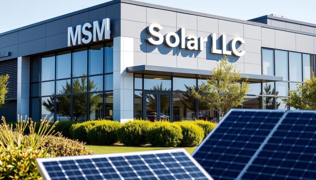 A sleek, modern office building with large windows and a prominent "MSM Solar LLC" sign on the facade. The exterior is clad in a mix of glass, metal, and clean lines, conveying a sense of professionalism and expertise. The landscaping features neatly trimmed shrubs and a few solar panels in the foreground, hinting at the company's focus on renewable energy. The lighting is bright and natural, creating a welcoming atmosphere. The scene is captured from a slightly elevated angle, giving an authoritative and trustworthy impression of the solar company.