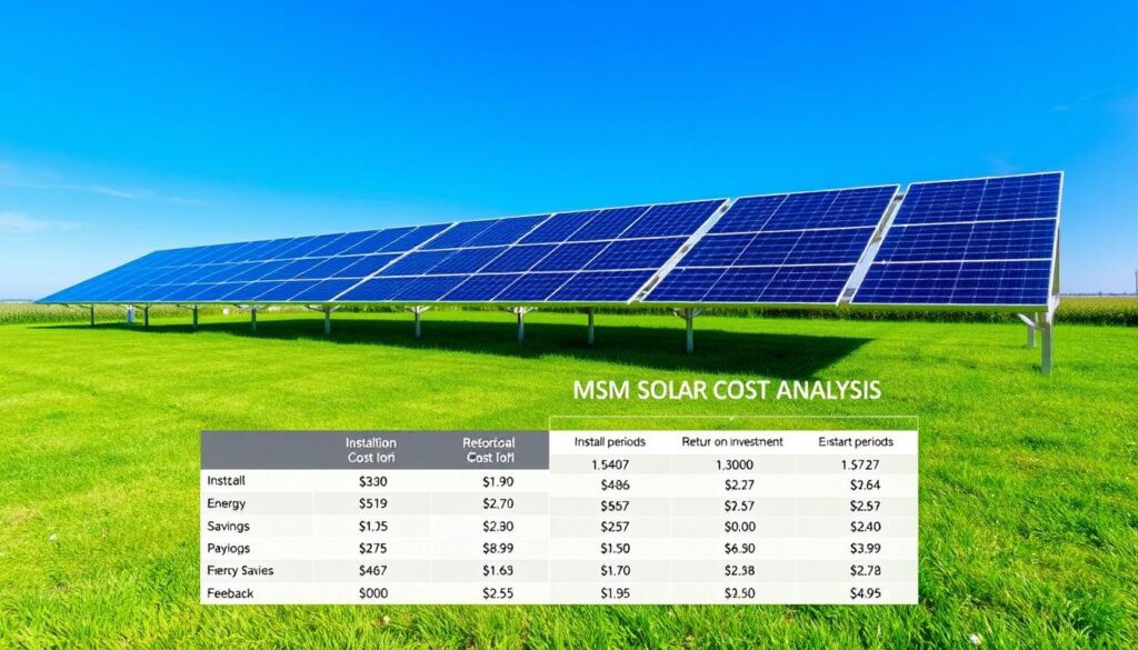 A sleek, modern solar panel array set against the backdrop of a vibrant blue sky, casting geometric shadows across a neatly manicured lawn. In the foreground, a detailed cost analysis chart from MSM Solar LLC showcases the financial metrics and return on investment for residential solar technology in Freeport, IL. The chart features precise data visualizations, highlighting key factors like installation costs, energy savings, and payback periods. The overall scene conveys a sense of technological innovation and financial optimization, inviting the viewer to consider the smart investment potential of solar power in the local community.