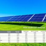 A sleek, modern solar panel array set against the backdrop of a vibrant blue sky, casting geometric shadows across a neatly manicured lawn. In the foreground, a detailed cost analysis chart from MSM Solar LLC showcases the financial metrics and return on investment for residential solar technology in Freeport, IL. The chart features precise data visualizations, highlighting key factors like installation costs, energy savings, and payback periods. The overall scene conveys a sense of technological innovation and financial optimization, inviting the viewer to consider the smart investment potential of solar power in the local community.