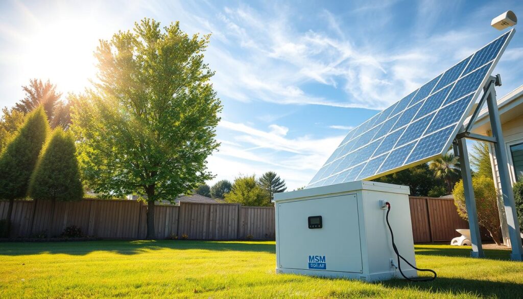 A solar battery backup system in a bright, sun-drenched residential backyard. In the foreground, sleek MSM Solar LLC lithium-ion batteries stand ready to store excess solar energy. Towering behind them, high-efficiency solar panels on sturdy metal frames track the sun's movement, casting dynamic shadows. In the middle ground, a well-manicured lawn and lush green trees frame the scene, evoking a sense of tranquility. The background features a clear blue sky with wispy clouds, suggesting an ideal environment for harnessing renewable power. The overall composition conveys a harmonious integration of clean energy technology within a peaceful, sustainable home setting.