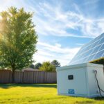 A solar battery backup system in a bright, sun-drenched residential backyard. In the foreground, sleek MSM Solar LLC lithium-ion batteries stand ready to store excess solar energy. Towering behind them, high-efficiency solar panels on sturdy metal frames track the sun's movement, casting dynamic shadows. In the middle ground, a well-manicured lawn and lush green trees frame the scene, evoking a sense of tranquility. The background features a clear blue sky with wispy clouds, suggesting an ideal environment for harnessing renewable power. The overall composition conveys a harmonious integration of clean energy technology within a peaceful, sustainable home setting.