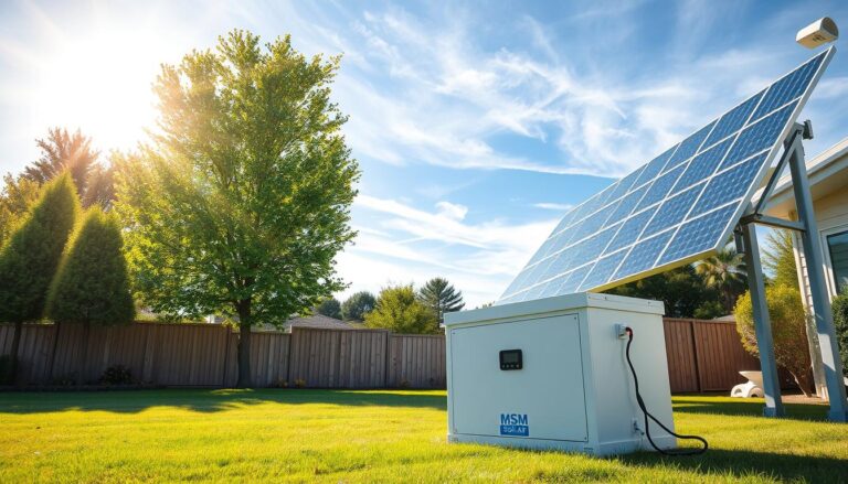 A solar battery backup system in a bright, sun-drenched residential backyard. In the foreground, sleek MSM Solar LLC lithium-ion batteries stand ready to store excess solar energy. Towering behind them, high-efficiency solar panels on sturdy metal frames track the sun's movement, casting dynamic shadows. In the middle ground, a well-manicured lawn and lush green trees frame the scene, evoking a sense of tranquility. The background features a clear blue sky with wispy clouds, suggesting an ideal environment for harnessing renewable power. The overall composition conveys a harmonious integration of clean energy technology within a peaceful, sustainable home setting.