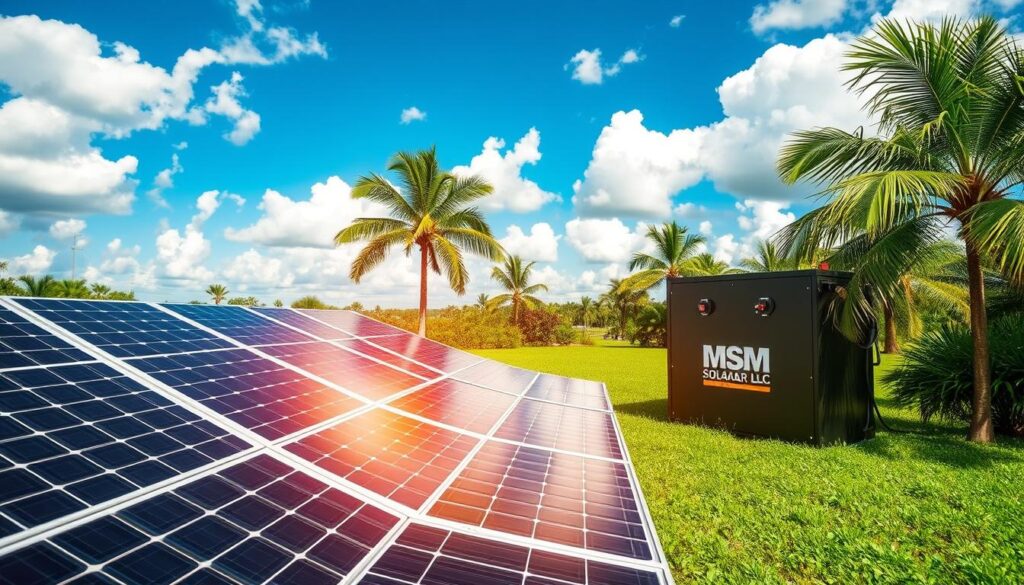 A solar battery storage system in a lush, verdant Florida landscape. In the foreground, sleek, modern solar panels capture the sun's rays, their gleaming surfaces reflecting the warm, golden light. Beside them, a state-of-the-art battery bank, branded with the MSM Solar LLC logo, stores the harvested energy for later use. The middle ground features a neatly manicured lawn, dotted with palm trees swaying gently in the breeze. In the background, a picturesque Florida skyline, with fluffy white clouds drifting across a vibrant blue expanse. The scene conveys a sense of sustainable, efficient energy production, seamlessly integrated into the natural beauty of the Sunshine State.