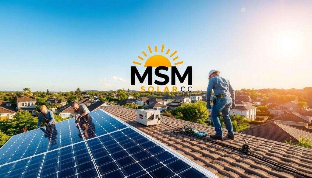 A solar panel system installation on a residential roof, showcasing the process and components. In the foreground, a team of skilled technicians carefully mounting the solar panels onto the roof, using specialized tools and safety equipment. The middle ground features the solar inverter and electrical components, neatly organized and integrated with the home's electrical system. In the background, a picturesque suburban neighborhood, with lush greenery and clear blue skies. The scene is illuminated by warm, natural lighting, creating a sense of efficiency and environmental harmony. The MSM Solar LLC logo is prominently displayed, reflecting the high-quality craftsmanship and attention to detail.
