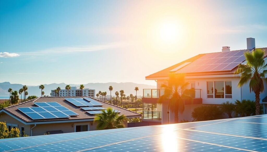 A solar-powered residential and commercial installation, showcasing the comprehensive services of MSM Solar LLC. In the foreground, a sleek, modern home is adorned with gleaming solar panels, casting a warm, renewable glow. The middle ground features a bustling office building, its rooftop covered in efficient solar arrays, symbolizing the company's commercial offerings. In the background, a picturesque landscape of palm trees and a clear blue sky, highlighting the ideal solar conditions of the region. The scene is illuminated by a soft, natural lighting, capturing the harmony between technology and the environment. An inviting atmosphere that conveys the expertise and tailored solutions of MSM Solar LLC.