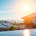 A solar-powered residential and commercial installation, showcasing the comprehensive services of MSM Solar LLC. In the foreground, a sleek, modern home is adorned with gleaming solar panels, casting a warm, renewable glow. The middle ground features a bustling office building, its rooftop covered in efficient solar arrays, symbolizing the company's commercial offerings. In the background, a picturesque landscape of palm trees and a clear blue sky, highlighting the ideal solar conditions of the region. The scene is illuminated by a soft, natural lighting, capturing the harmony between technology and the environment. An inviting atmosphere that conveys the expertise and tailored solutions of MSM Solar LLC.