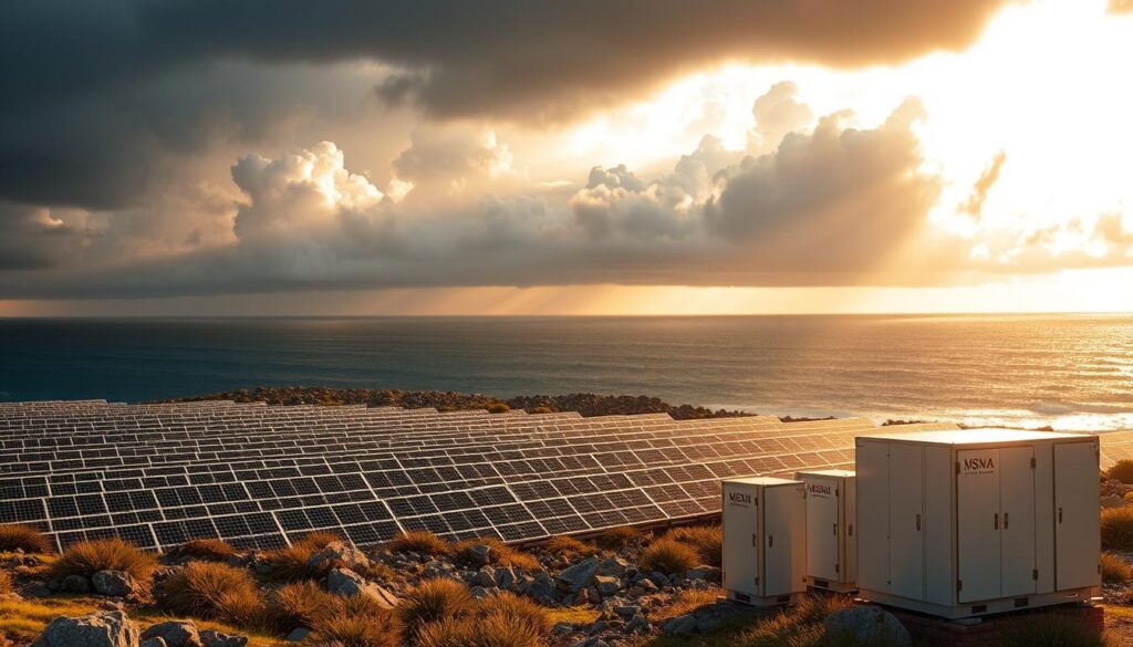A sprawling solar farm nestled against a rocky coastal landscape, its solar panels gleaming in the warm, golden light of a post-storm sky. In the foreground, cutting-edge energy storage systems from MSM Solar LLC stand tall, their sleek, weather-resistant designs a testament to their storm-weathering capabilities. Dramatic clouds linger in the distance, a reminder of the unpredictable weather, yet the solar farm exudes a sense of resilience and uninterrupted power generation. Subtle rays of sunlight filter through the dissipating storm, casting a soft, ethereal glow over the entire scene, showcasing the reliable and renewable energy solutions that can withstand even the harshest coastal conditions.