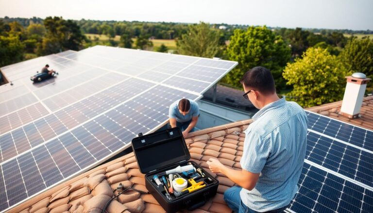 A sprawling solar panel installation on a residential rooftop in Marianna, MSM Solar LLC's experts meticulously aligning the sleek panels to harness the abundant sunshine. In the foreground, a technician carefully inspects the wiring and connections, ensuring optimal performance. The middle ground features a well-organized toolbox and spare parts, ready for any maintenance or repair needs. In the background, a lush, verdant landscape frames the scene, highlighting the eco-friendly nature of this renewable energy solution. Soft, diffused lighting casts a warm, inviting glow, conveying a sense of pride and accomplishment in this sustainable energy system.