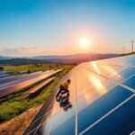 A sprawling solar panel system installation in a picturesque rural setting. Rows of gleaming black solar panels cover a gently sloping hillside, their surfaces reflecting the warm golden light of the afternoon sun. In the foreground, a team of technicians from MSM Solar LLC are hard at work, meticulously connecting the panels to the power grid. The middle ground features a mix of lush greenery and modern electrical infrastructure, while the background is dominated by a cloudless blue sky and distant mountains. The scene conveys a sense of clean, renewable energy harmoniously integrated into the natural landscape.