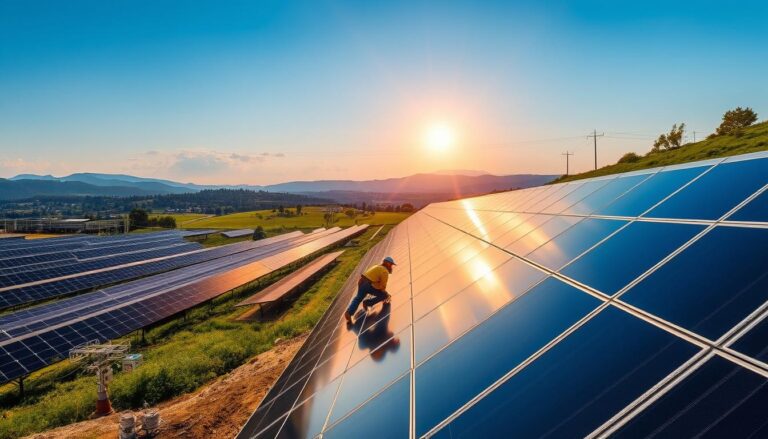 A sprawling solar panel system installation in a picturesque rural setting. Rows of gleaming black solar panels cover a gently sloping hillside, their surfaces reflecting the warm golden light of the afternoon sun. In the foreground, a team of technicians from MSM Solar LLC are hard at work, meticulously connecting the panels to the power grid. The middle ground features a mix of lush greenery and modern electrical infrastructure, while the background is dominated by a cloudless blue sky and distant mountains. The scene conveys a sense of clean, renewable energy harmoniously integrated into the natural landscape.